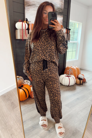 Brown Varsity Striped Trim Leopard Long Sleeve Top Drawstring Pant Set - Image 6