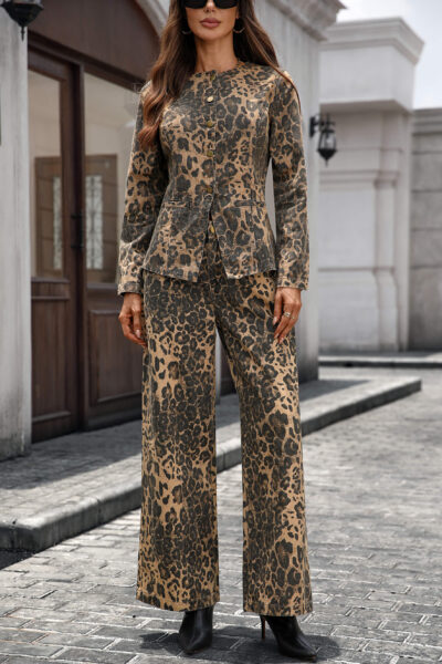 Alternative view of Leopard Print New-In Washed Denim Long Sleeve Top & Pants Set