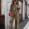 Leopard Print New-In Washed Denim Long Sleeve Top & Pants Set