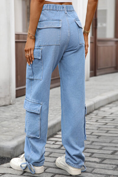 Alternative view of Blue Loose Fit Drawstring Hem Denim Cargo Pants