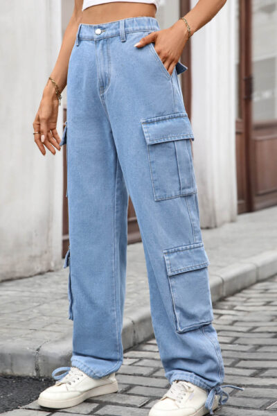 Blue Loose Fit Drawstring Hem Denim Cargo Pants