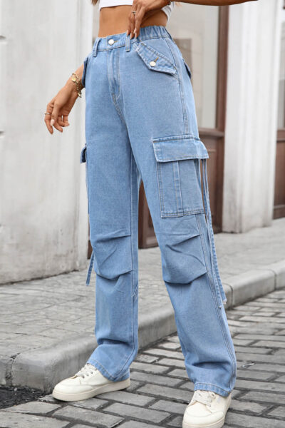 Blue Washed Denim Utility Pants with Side Pockets and Hanging Straps