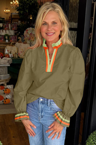 Alternative view of Four Leaf Clover Striped Trim Ruffle Split Neck Long Sleeve Blouse