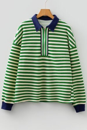 Dark Green Striped Print Contrast Collar Zip V Neck Long Sleeve Top - Image 2