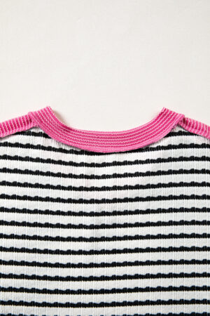 Black Stripe Textured Knit Twisted Rib Contrast Patchwork V Neck Long Sleeve Top - Image 6