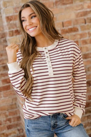 Red Dahlia Striped Print Drop Shoulder Long Sleeve Henley Top - Image 14