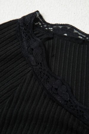 Black Lace Neckline Button Decor Lettuce Edge Long Sleeve Ribbed Top - Image 13
