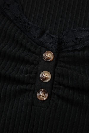 Black Lace Neckline Button Decor Lettuce Edge Long Sleeve Ribbed Top - Image 14