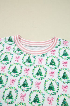 Green Bow Christmas Tree Print Contrast Striped Banding 2pcs Lounge Set - Image 6