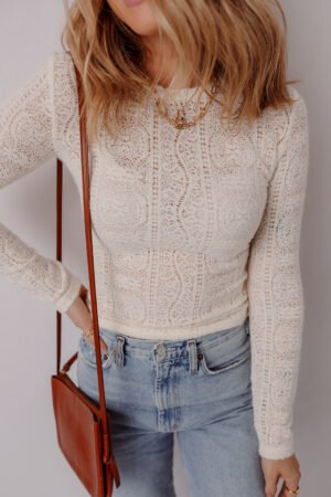 Jet Stream Semi Sheer Lace Long Sleeve Cropped Top - Image 7