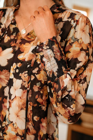 Black Floral V Neck Long Puff Sleeve Breezy Blouse - Image 8