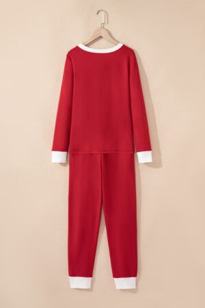 Fiery Red Contrast Trim Button V Neck Ribbon Bow Knot Waist 2pcs Lounge Pant Set - Image 4