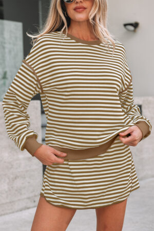 Brown Stripe Textured Drop Shoulder Pullover Top Drawstring Mini Skirt Two Piece Dress Set - Image 24