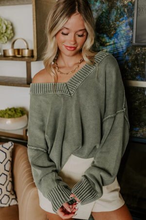Four Leaf Clover Mineral Wash V Neck Knit Exposed Seam Drop Shoulder Loose Sweater - Image 4
