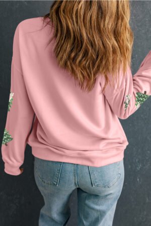 Pink Sequined Xmas Tree Patched Patterned Holiday Pullover Sweatshirt - Image 3