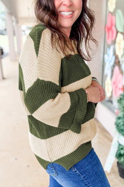 Green Stripe Colorblock Notched Neck Plus Size Sweater