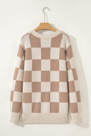 Parchment Checkered Pattern Ribbed Trim Knit Baggy Sweater - Image 7