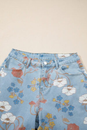 Sky Blue Floral Printed Raw Hem Shift Jeans - Image 8