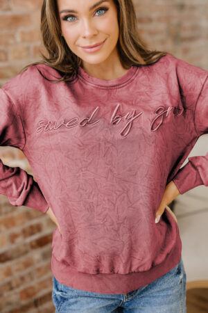 Mineral Red saved by grace Letter Embroidery Mineral Wash Loose Sweatshirt - Image 12