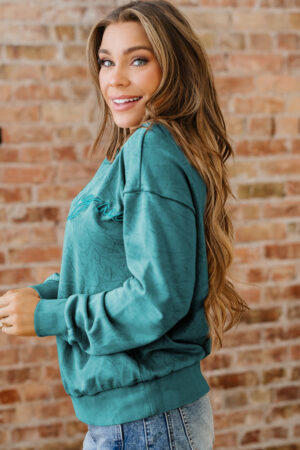 Sea Green saved by grace Letter Embroidery Mineral Wash Loose Sweatshirt - Image 10
