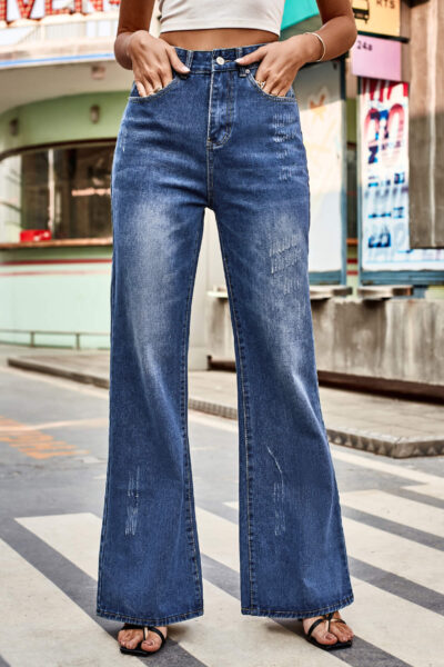 Alternative view of Blue Color Casual Washed Mid-Waist Slightly Flared Denim Pants