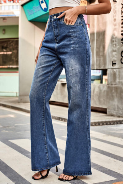Blue Color Casual Washed Mid-Waist Slightly Flared Denim Pants