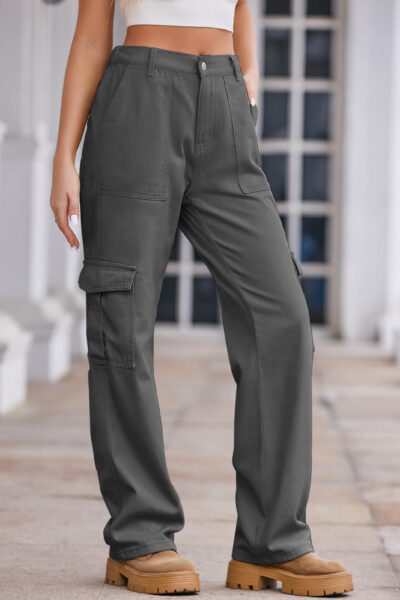 Gray Washed Denim Cargo Pants with Large Pockets and Semi-Elastic Waist