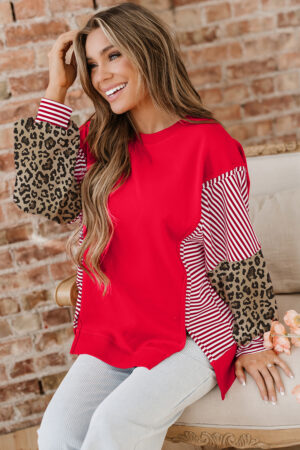 Racing Red Striped Patchwork Sleeve Colorblock Sweatshirt - Image 5