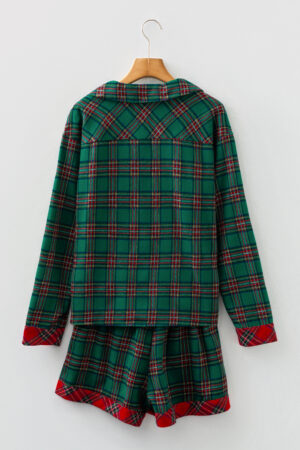 Green Plaid Contrast Patched Christmas Holiday Long Sleeve Shirt and Short 2pcs Pajama Set - Image 9