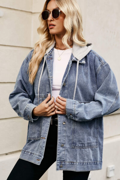 Alternative view of Light blue vintage loose-fitting denim casual jacket with detachable hood
