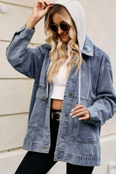 Light blue vintage loose-fitting denim casual jacket with detachable hood