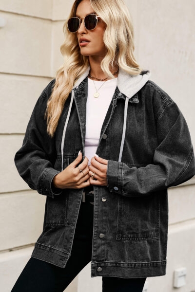 Alternative view of Black vintage loose-fitting denim casual jacket with detachable hood