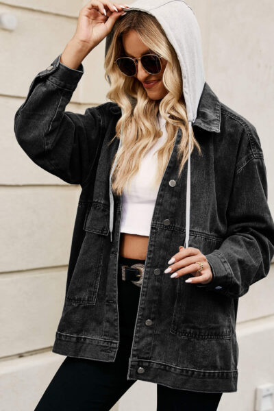 Black vintage loose-fitting denim casual jacket with detachable hood