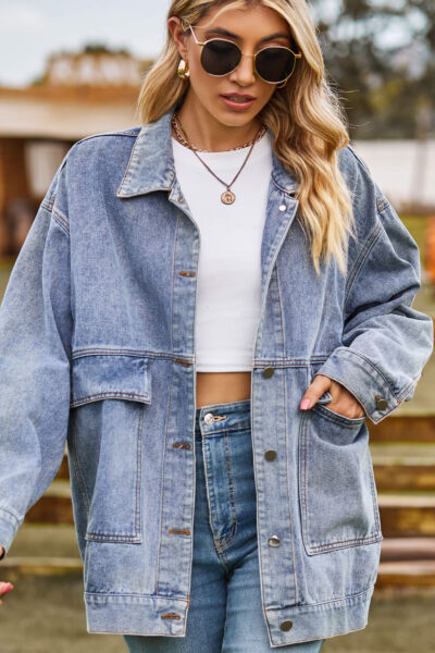 Light blue vintage classic loose-fitting denim casual jacket for women