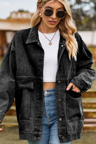 Black vintage classic loose-fitting denim casual jacket for women
