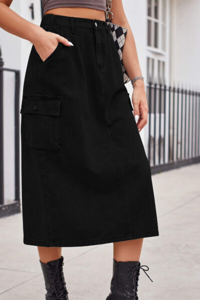 Black Color Casual Washed Denim Cargo Midi Skirt with Back Slit