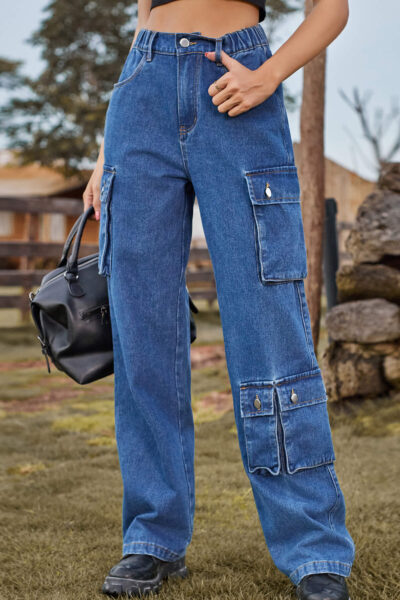 Blue Asymmetric Pocket Denim Utility Cargo Pants