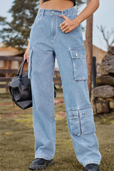 Beau Blue Asymmetric Pocket Denim Utility Cargo Pants