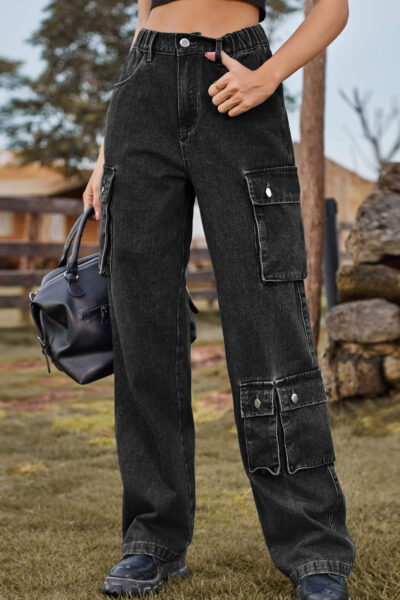 Black Asymmetric Pocket Denim Utility Cargo Pants