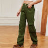 Jungle Green Semi Elastic Waist Multi Flap Pocket Denim Cargo Pants