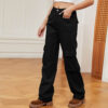 Black Semi Elastic Waist Multi Flap Pocket Denim Cargo Pants