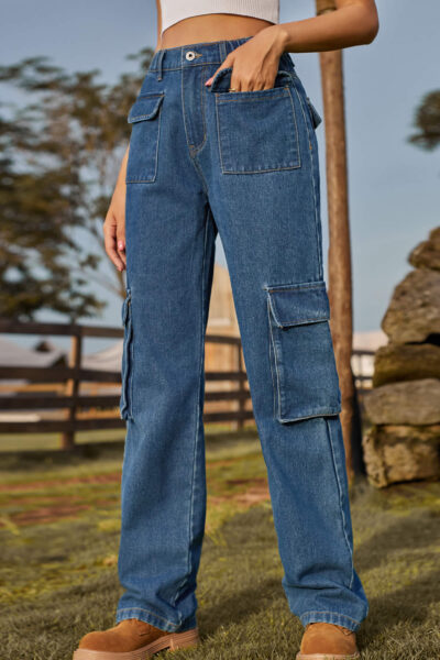 Blue Washed Semi Elastic Waist Multi Flap Pocket Denim Cargo Pants