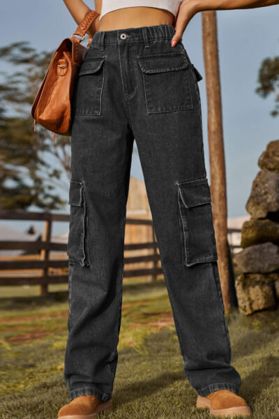 Charcoal Black Washed Semi Elastic Waist Multi Flap Pocket Denim Cargo Pants