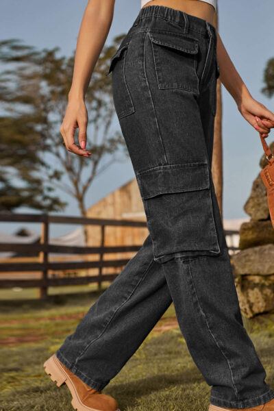 Alternative view of Charcoal Black Washed Semi Elastic Waist Multi Flap Pocket Denim Cargo Pants