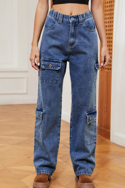 Alternative view of Blue Asymmetric Pocket Denim Cargo Pants with Semi-Elastic Waist