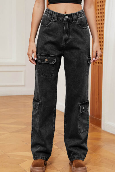 Alternative view of Charcoal Grey Asymmetric Pocket Denim Cargo Pants with Semi-Elastic Waist