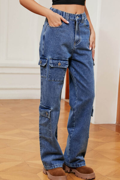 Blue Asymmetric Pocket Denim Cargo Pants with Semi-Elastic Waist