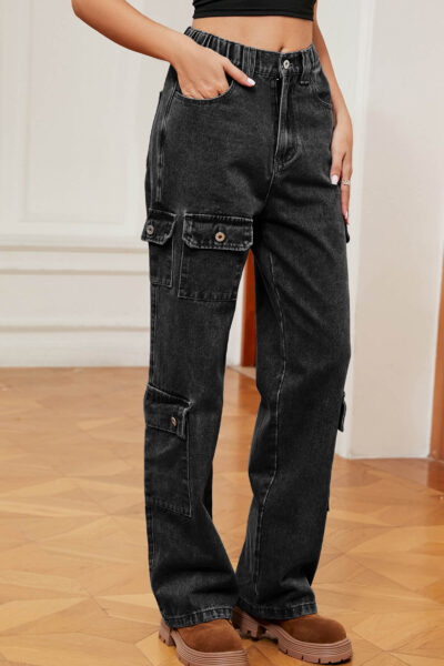 Charcoal Grey Asymmetric Pocket Denim Cargo Pants with Semi-Elastic Waist