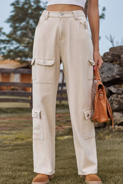 Light Khaki Asymmetric Pocket Denim Cargo Pants with Semi-Elastic Waist