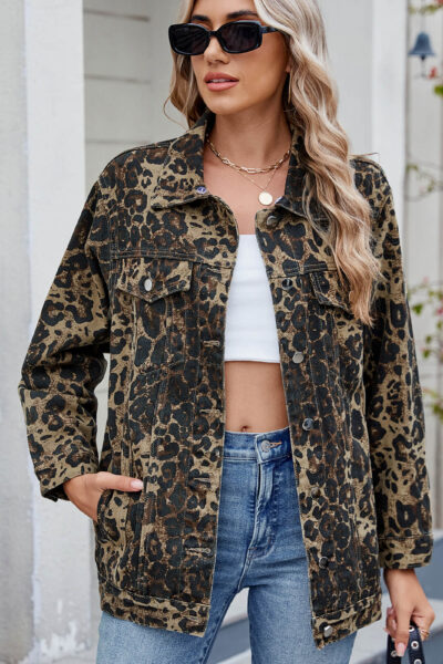 Leopard print classic vintage denim jacket